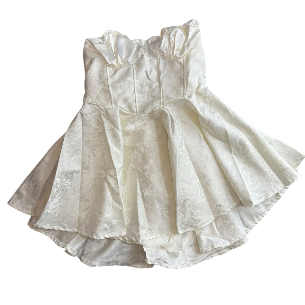 Ivory Brocade Strapless Ruffle Bustier Mini Dress Jumpsuit Bridal Couture